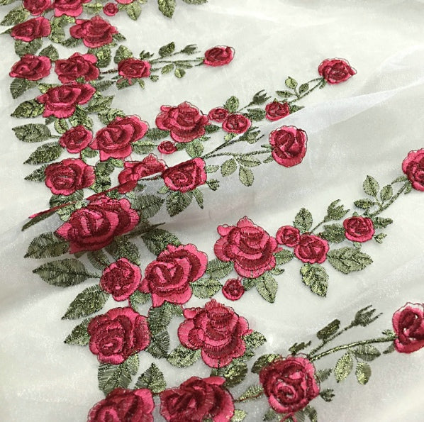 幅130cm×長さ90cm バラの花刺繍 オーガンジーレース チュールレース