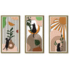 Set of 3 Wooden Wall Art Abstract Cat Art Design with Sun and Branch Elements