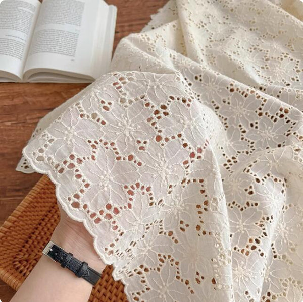 130cm Width  Vintage Hollow-out Cotton Floral Embroidery Fabric Beige
