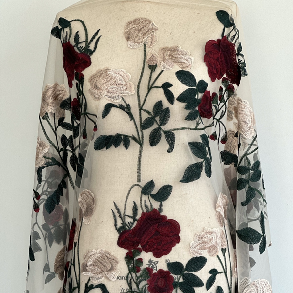 幅 125cm 枝バラの花刺繍チュールレース生地