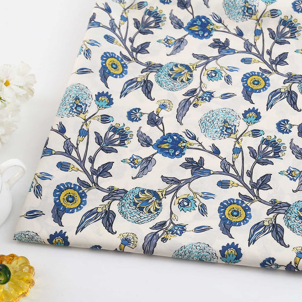 145cm Width x 95cm Length  Blue Vine Branch Floral Print Cotton  Fabric (clothing version)