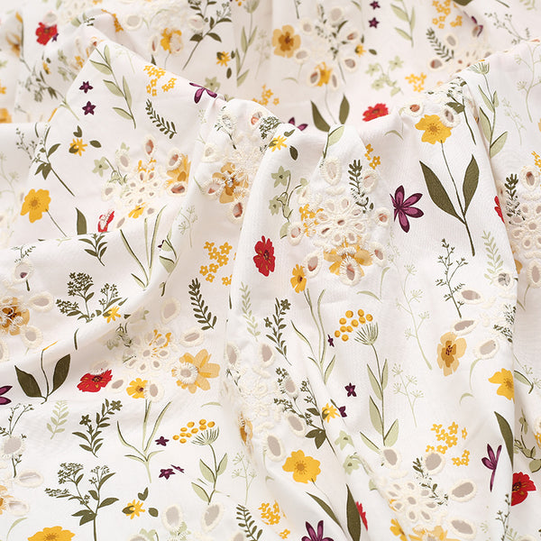 49 inches Width Premium Eyelet Hollow-Out Botanical Branch Floral Print and Embroidery Cotton Fabric by The Yard