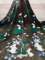 142cm Width x 95cm Length Premium Rabbit Botanical Embroidery Black Lace Fabric