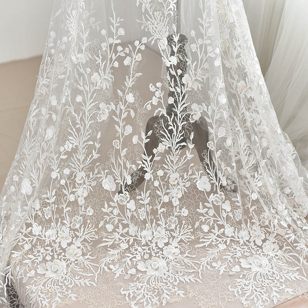 OFF-White Botanical Brach Sequins Embroidery Floral Lace Fabric Weddin –  iriz Lace