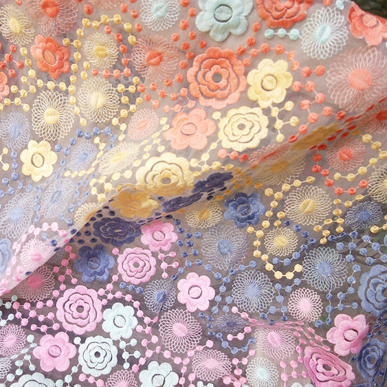130cm Width Romantic Colorful Organza Floral Embroidery Lace Fabric by the Yard