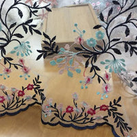 37cm Width x 270cm Length Black Branches and Pink and Red Flowers Embroidery Lace Tulle Fabric Trim