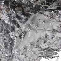 58” Width Silver Line out of Black Mesh Floral Embroidery Bone Lace Fabric - by the Yard