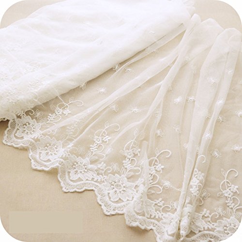 45cm Width Ivory White Retro Floral Embroidered Tulle Lace Trim by the Yard