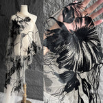 145cm Width x 95cm Length Designer Black Abstract Flower Embroidery on Beige Tulle Lace Fabric
