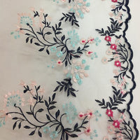幅 37cm x 長さ 270cm 黒の枝とピンクと赤の花刺繍レース チュール生地トリム