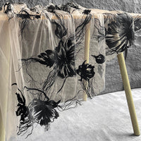 145cm Width x 95cm Length Designer Black Abstract Flower Embroidery on Beige Tulle Lace Fabric