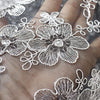 58” Width Silver Line out of Black Mesh Floral Embroidery Bone Lace Fabric - by the Yard