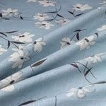 57” Width Almond Blossom like Flowers Print Vintage Blue Cotton Linen Art Fabric by the Yard