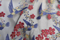 130cm Width x 95cm Length Premium Sakura Flowers and Birds Embroidery Black Lace Fabric
