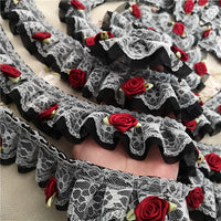 5cm Width x 290cm Length Premium Lolita White&Black 2-layer Rose Floral Embroidery Chiffon Lace Fabric Ribbon Trim