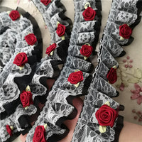 5cm Width x 290cm Length Premium Lolita White&Black 2-layer Rose Floral Embroidery Chiffon Lace Fabric Ribbon Trim