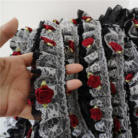 5cm Width x 290cm Length Premium Lolita White&Black 2-layer Rose Floral Embroidery Chiffon Lace Fabric Ribbon Trim