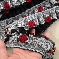 5cm Width x 290cm Length Premium Lolita White&Black 2-layer Rose Floral Embroidery Chiffon Lace Fabric Ribbon Trim
