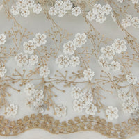 120cm Width 3D Sakura Floral Golden Line Embroidery Tulle Lace Fabric