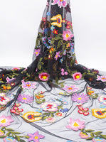 幅150cm×長さ95cm 高級ボタニカル カラフル花柄刺繍 ブラックレース生地