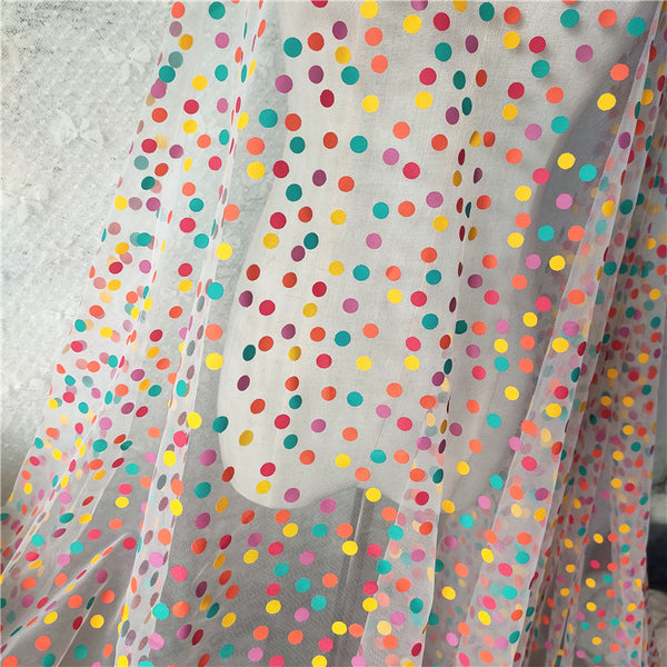 150cm Width x 95cm Length Premium Flocked Colorful Polka Dot Tulle Lace Fabric