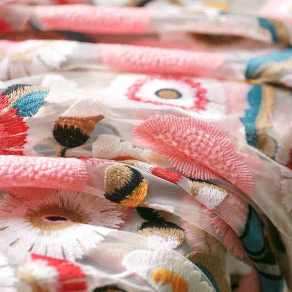 130 cm 幅プレミアム ヴィンテージ ピンク花柄刺繍チュール レース生地ヤード
