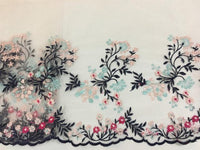 幅 37cm x 長さ 270cm 黒の枝とピンクと赤の花刺繍レース チュール生地トリム