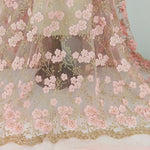 120cm Width 3D Sakura Floral Golden Line Embroidery Tulle Lace Fabric