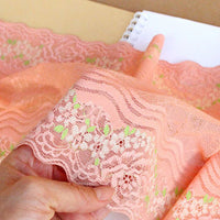 幅 21.5cm x 長さ 190cm プレミアム イタリアン スタイル ピンク フローラル 刺繍 レース ファブリック トリム グリーン リーフ