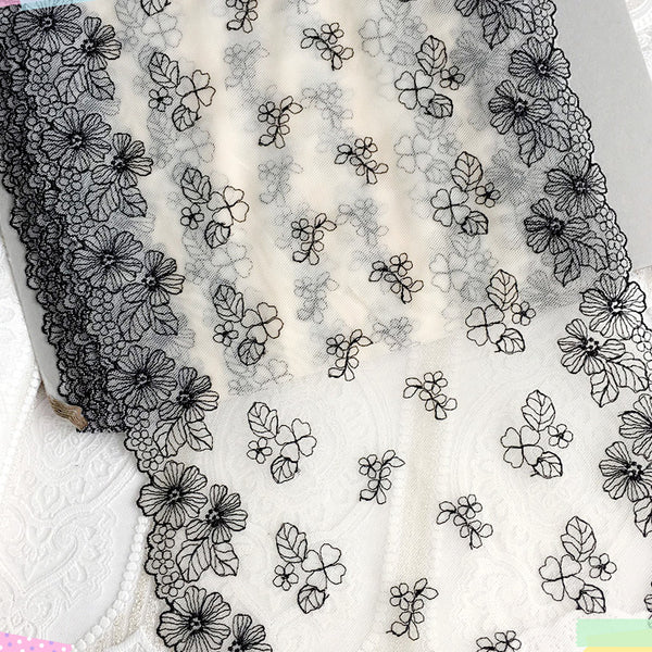 24cm Width x 270cm Length Premium Black and White Floral Lace Fabric Trim