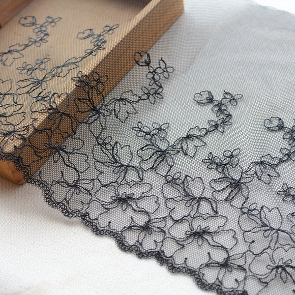 23cm Width x 270cm Length Abstract Cherry Blossom Floral Embroidery Lace Fabric Trim (Black)