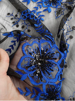146cm Width x 95cm Length Sequined Blue Floral Embroidery on Black Lace Fabric