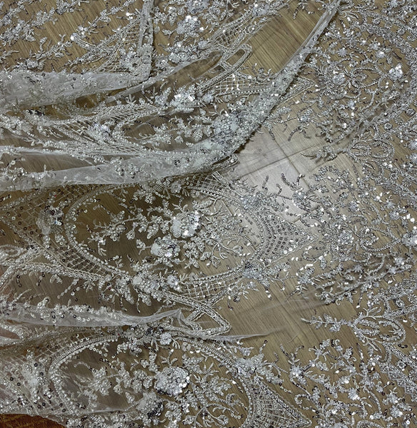 130 Width x 95cm Length  luxury Vintage European Style Sequin and Beads Floral Embroidery Lace Fabric