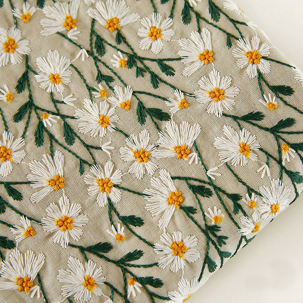 140cm Width x 95cm Length Premium Daisy Flower Embroidery Cotton Linen Fabric