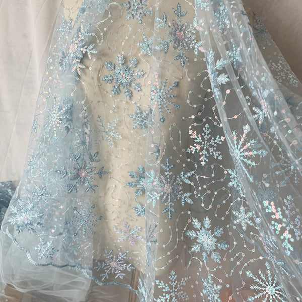 130cm Width x 95cm Length Sequined Snowflake Embroidery Blue Tulle Lace Fabric