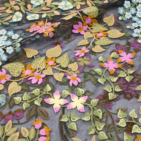 145cm Width x 95cm Length Premium Vintage Botanical Branch Floral Embroidery Lace Fabric Black