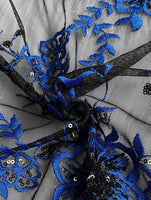 幅 146cm x 長さ 95cm スパンコール付きの青い花の刺繍、黒いレース生地