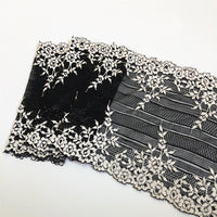 20cm Width x 290cm Length Premium Elastic Black and White Contrast Floral Embroidery Lace Fabric Trim