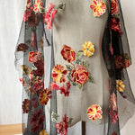 130cm Width x 95cm Length  Red and Yellow Peony Flowers Embroidered Black Lace Fabric
