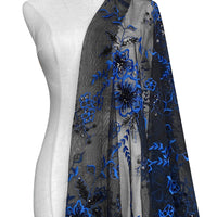 146cm Width x 95cm Length Sequined Blue Floral Embroidery on Black Lace Fabric