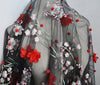 130cm Width x 95cm Length Premium 3D Floral Embroidery Black Chiffon Lace Fabric with Hairball Decal