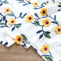 130cm Width Yellow Flower and Green Branch 3D Embroidery Cotton Fabric by the Yard