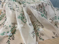 150cm Width x 95cm Length Green Branch Print Chiffon Lace Fabric with 3D Flower