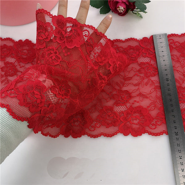 20cm Width x 190cm Length Premium Elastic Floral Embroidery Lace Fabric Trim Red