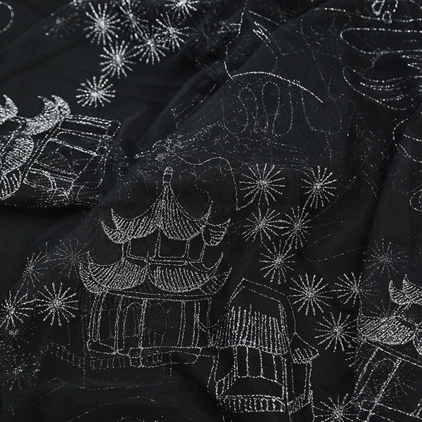 140cm Width x 95cm Length Silver Line Eastern Pagoda and Fireworks Embroidered Black Tulle Lace Fabric