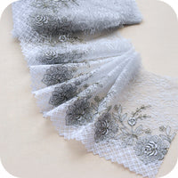 5 Yards of 17cm Width Premium Lattice Pattern Floral Embroidery Gray Lace Trim