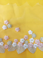 幅50cm x 長さ180cm プレミアムゴールデンリーフとサクラの花刺繍リジッドチュールレース生地トリム