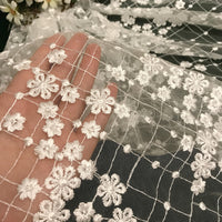 51” Width 3D Grid and Floral Embroidery Wedding Bridal Veil Lace Fabric by the Yard