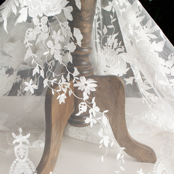 133cm Width x 95cm Length Premium Eyelash and Vine Floral Embroidery Bridal Wedding Lace Fabric