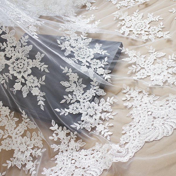 130cm Width Secquined Floral Embroidery Wedding Lace Fabric by the Yard